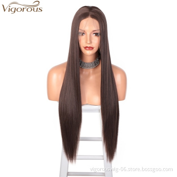 Vigorous Lace Front Synthetic Female Wig Chestnut Brown Middle Part Natural Soft Long Straight Party Wig Heat Resistant Hair Wig